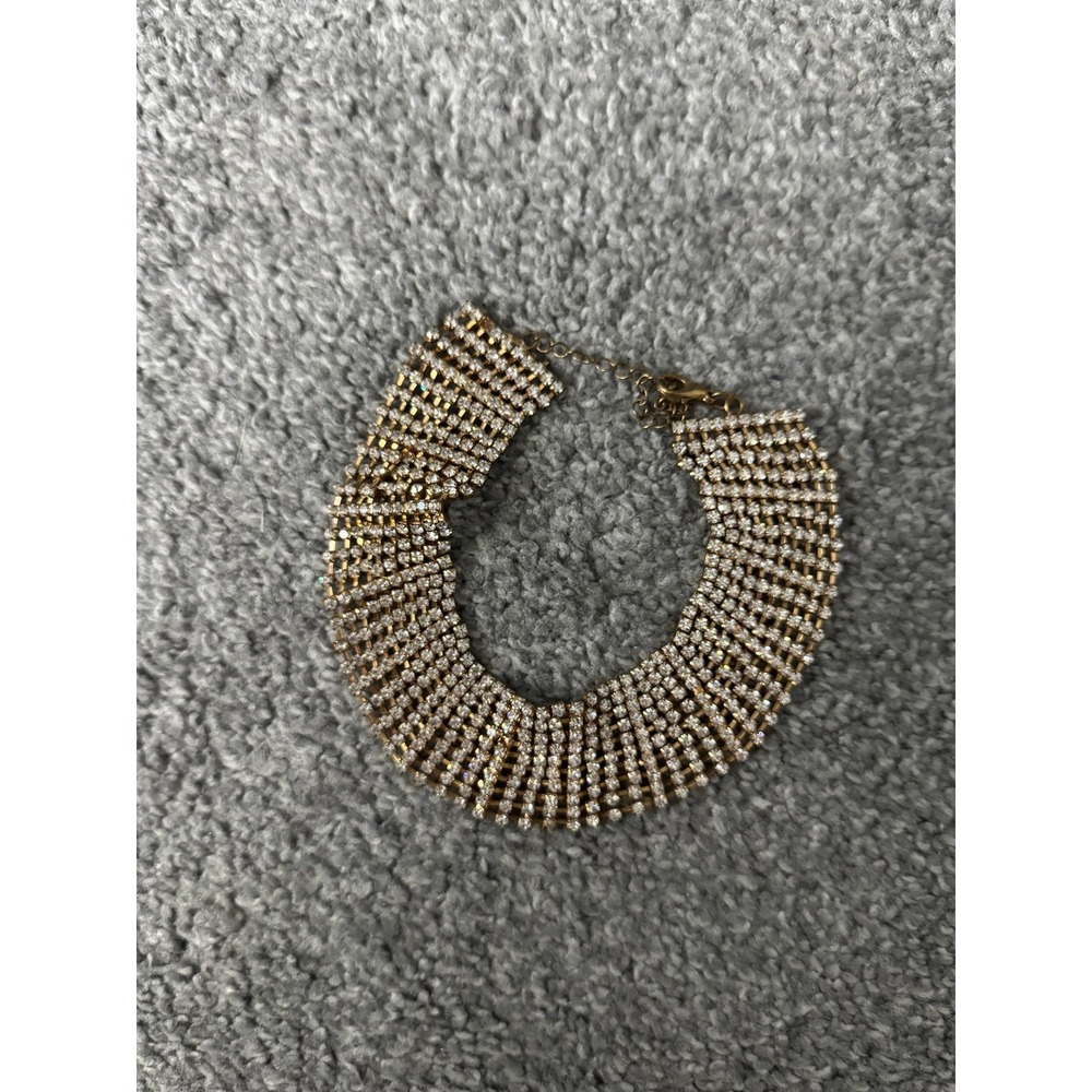 Gold Tone Rhinestone Statement Choker Necklace Adjustable Clasp Clear Stones
